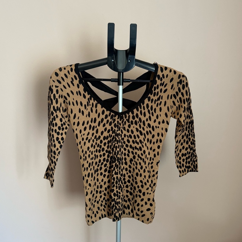 Guess Tan and Black Leopard Print Sweater Criss Cross Back